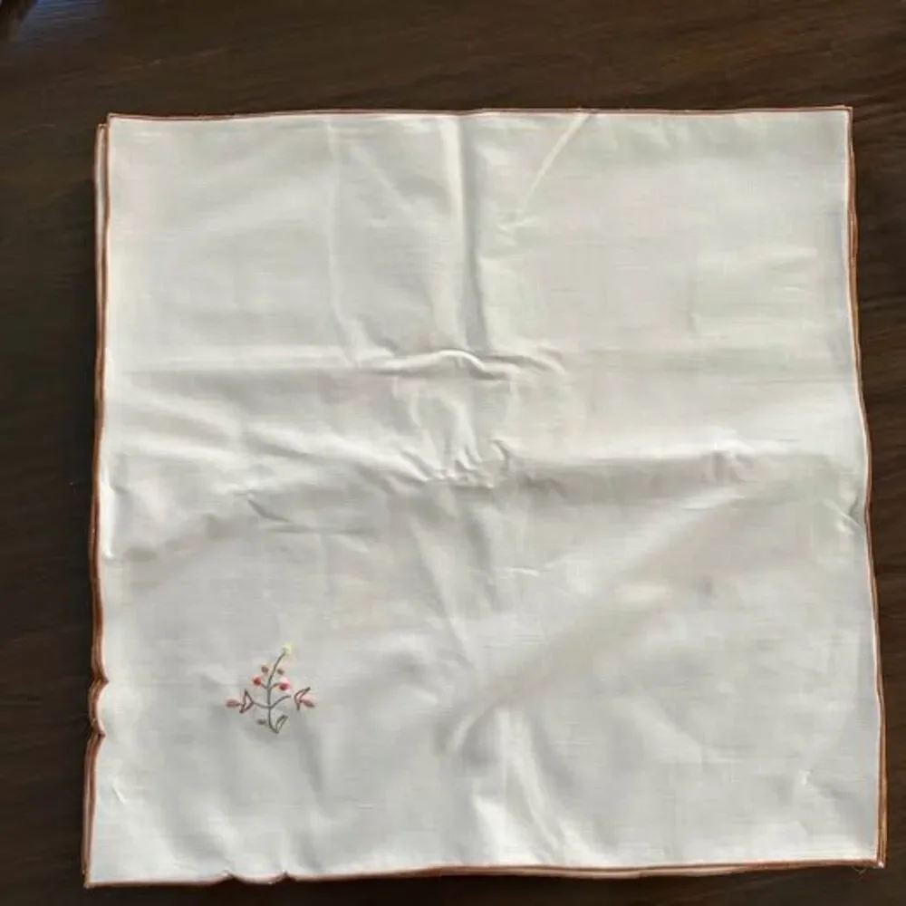 Vintage Linen Cream Napkins w/Mushroom Embroidery & Brown Trim Never Used